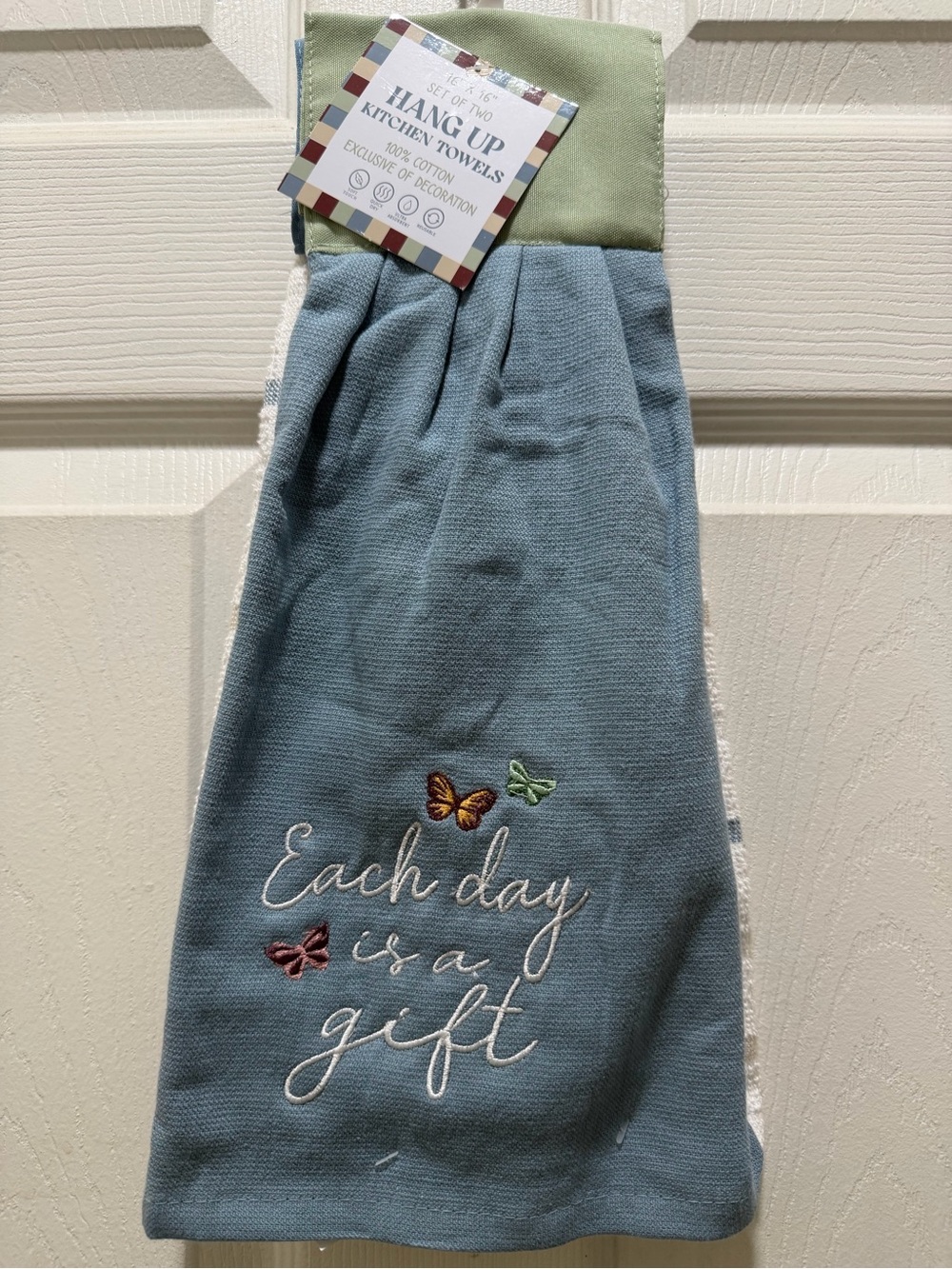 Each Day Is A Gift Embroidered Hanging Kitchen Towel - Blue & Green